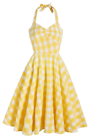 Vestido amarelo plaid halter 1950